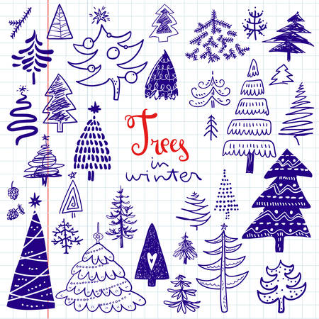 Funny doodle christmas pine trees icons collection. Hand kids drのイラスト素材