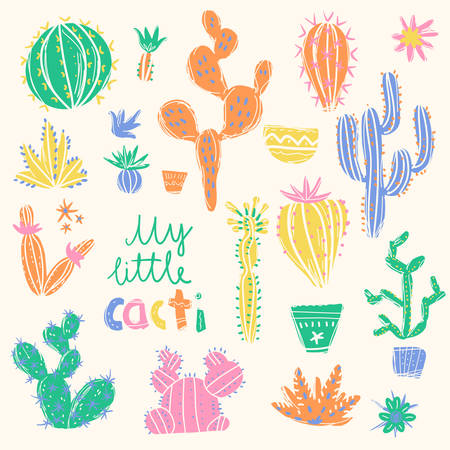 Collection of hand drawn cactus. Bright exotic succulentsのイラスト素材