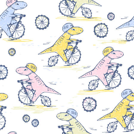 Doodle cute Dinosaurs seamless pattern. Funny cute kid drawn characters. Vector illustrationの写真素材
