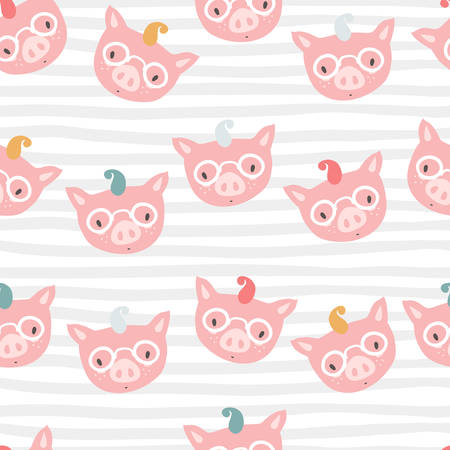 Vector seamless pattern with piglet faces. Emoji. Four-eyes hipsのイラスト素材