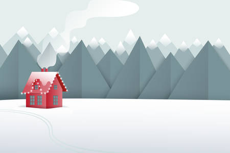 Winter paper art landscape. Mountains and small red house on the snowy field. Vector illustration.のイラスト素材