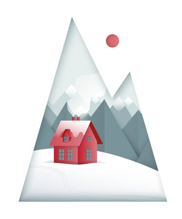 Winter paper art landscape. Mountains and small red house on the snowy field. Vector illustration.のイラスト素材