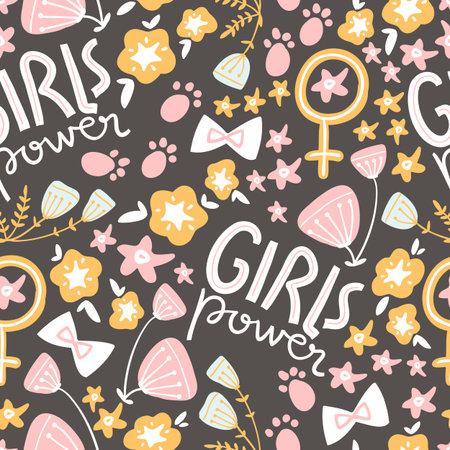 Vector doodle seamless pattern with concept lettering and flowers, bows, symbols. Girl power, trendy illustration. Scandinavian style.のイラスト素材