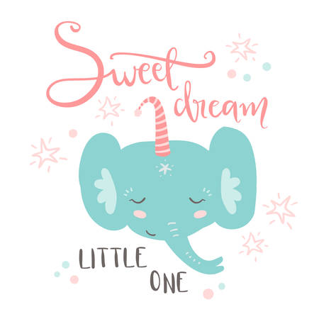 Cute sleeping baby elephant. Hand drawn vector illustration. For kid's or baby's shirt design, fashion print design, graphic, t-shirt,kids wear. Sweet dream, little oneのイラスト素材