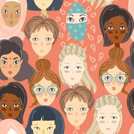 Feminism. Seamless pattern with women portraits. Different religion and nationality girls. Vector illustrationのイラスト素材