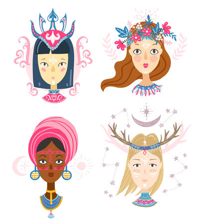 Collection of women faces, mystical hairstyles and accessories, different colors and nationalities. Avatars for blogs, brands.のイラスト素材