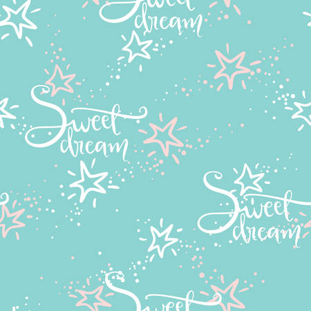 Vector doodle seamless pattern with stars in the sky and hand lettering Sweet dream. Pastel color illustration. Sketchy style.のイラスト素材