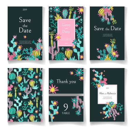 Ready wedding card design template. Beautiful desert blooming succulents. Vector illustration.のイラスト素材