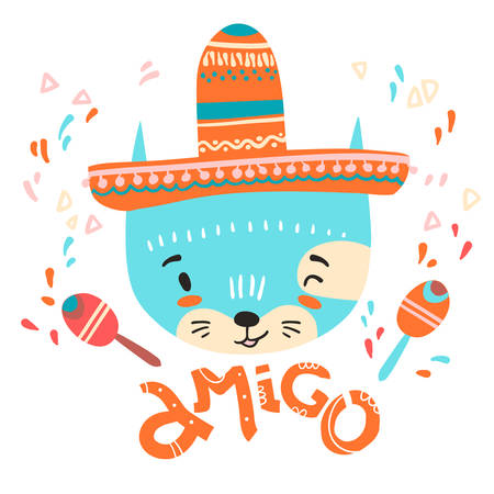 Cute mexican baby cat. Hand drawn vector illustration. For kid's or baby's shirt design, fashion print design, graphic, t-shirt,kids wear. Amigo.のイラスト素材