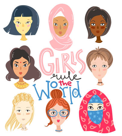 Set of girls of different nationalities and religions. Portraits of characters. Collection of avatars for web social networks or blogs. Vector illustration.のイラスト素材