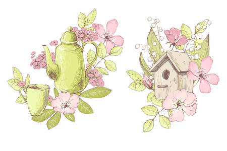 Beautiful vector compositions, wild flowers, teapot, birdhouse. Compositions for wedding decor, spring pastel color decorations.のイラスト素材
