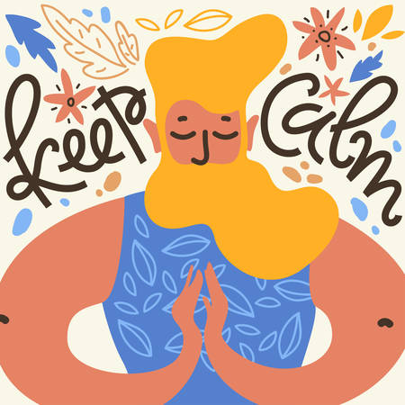 Keep calm. Vector illustration with meditate man with the beard in namaste pose, leaves and flower among. Hand letteringのイラスト素材