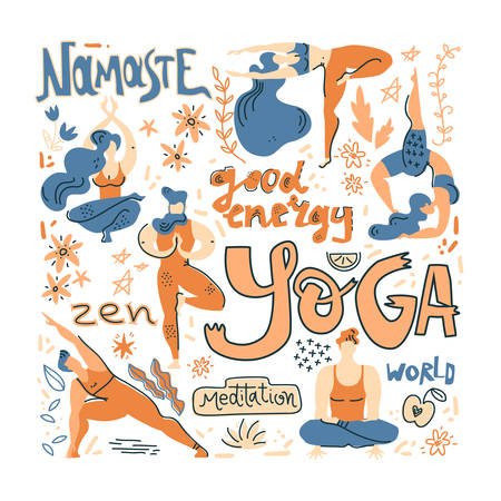Yoga poster in folk scandinavian style with yogis, plants and lettering. Flat vector illustration. Bright colors.のイラスト素材