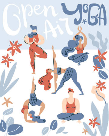 Vector poster with people do yoga on the air among tropical leaves. Open air gymnastic. Hand lettering.のイラスト素材