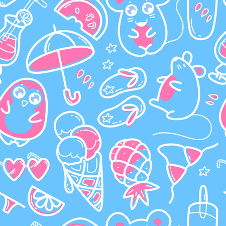 Kawaii seamless pattern with super cute animals penguin, mouse and summer sweet fruits, coctals and...