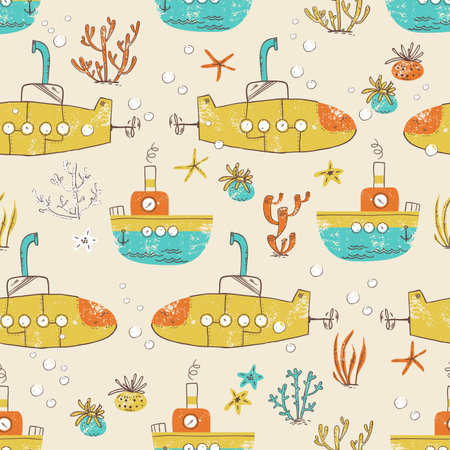 Bright children seamless pattern with the water transport and sea plants and animals. Vector naive illustrationのイラスト素材