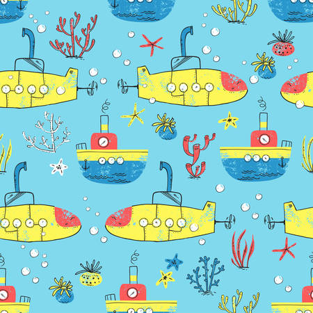 Bright children seamless pattern with the water transport and sea plants and animals. Vector naive illustrationのイラスト素材