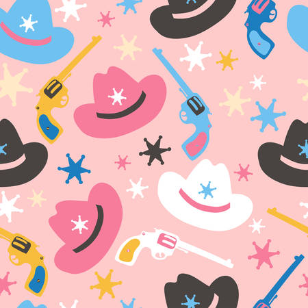 Seamless pattern with revolvers, cowboy hats and sheriff stars. Wild west children mood. Vector illustration.のイラスト素材