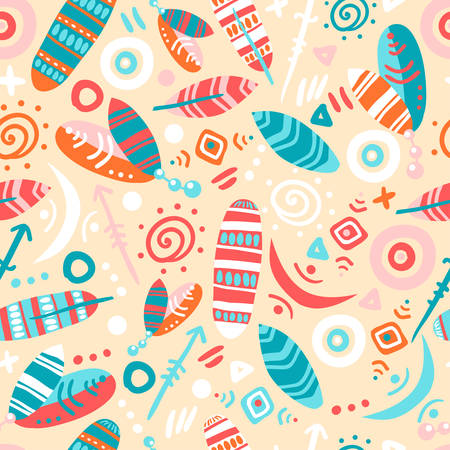 Seamless pattern with ornate feathers, arrows and folk decorative elements. Indian children mood. Vector illustration.のイラスト素材