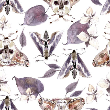 Watercolor seamless pattern with moths and flowers. Dark mystical colorsの写真素材