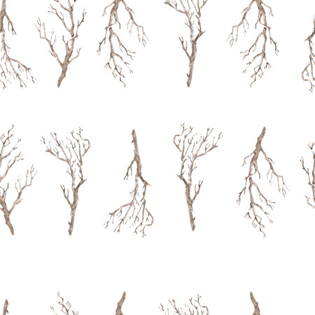 Watercolor seamless pattern with wooden brown branchesの写真素材