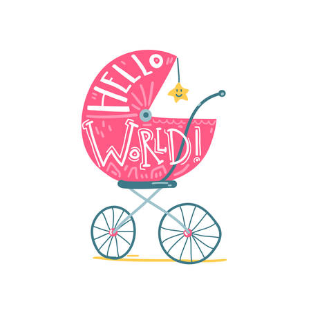 Hello world lettering composition on the vintage pram illustration.のイラスト素材
