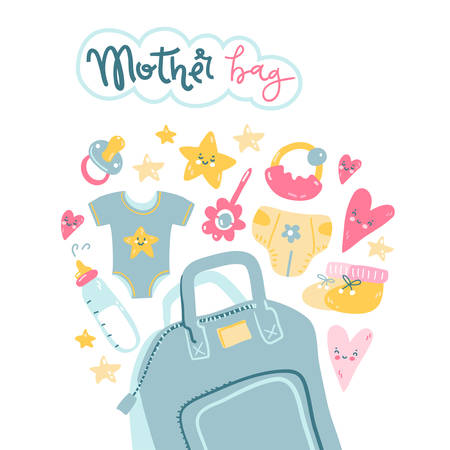 Mother bag. What to take with you on a walk. Vector illustration.のイラスト素材