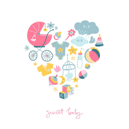 Newborn infant themed cute doodle illustrations in the heart shapeのイラスト素材
