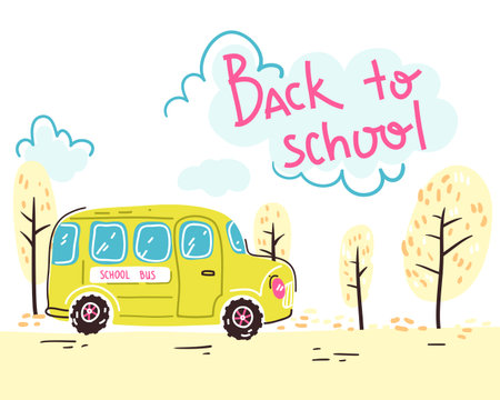 Back to school. Lettering composition with yellow school bus. Vector illustration.