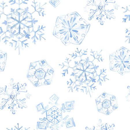 Watercolor seamless pattern with blue snowflakes falling.