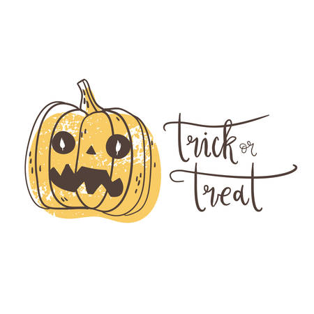 Trick or treat. Halloween poster with hand drawn pumpkin lantern, grungeのイラスト素材
