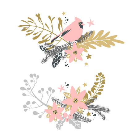 Christmas decorative corner compositions with traditional plants and birdsのイラスト素材
