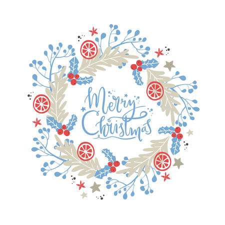 Wreath with Christmas decorative elements - plants, branches, orange. Traditional symbols, greeting card, vector illustrationのイラスト素材