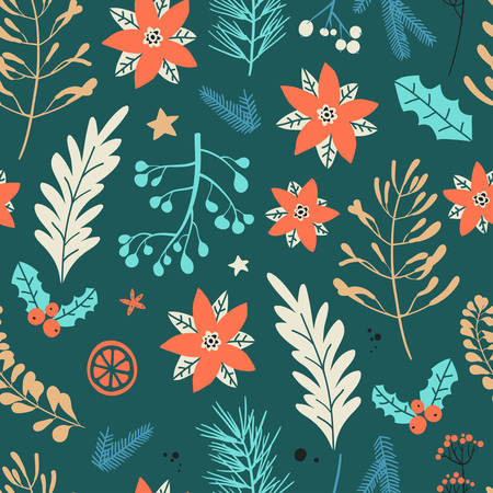 Seamless pattern with Christmas decorative elements - plants, branches. Traditional symbolsのイラスト素材