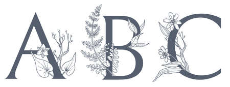 Watercolor Hand Drawn tropic letters monograms or logo. Uppercase G, H, I, with jungle herbal decorations. Palm and monstera leaves, flowers and flamingo.の写真素材