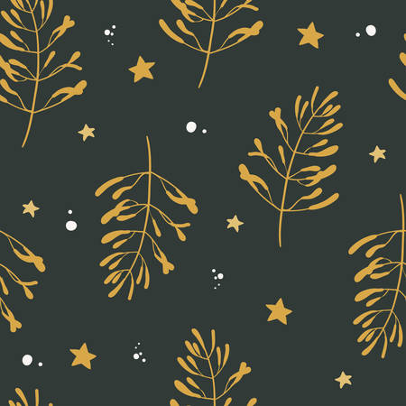 Seamless pattern with Christmas decorative elements - golden mistletoe branch. Minimalistic Scandinavian designのイラスト素材
