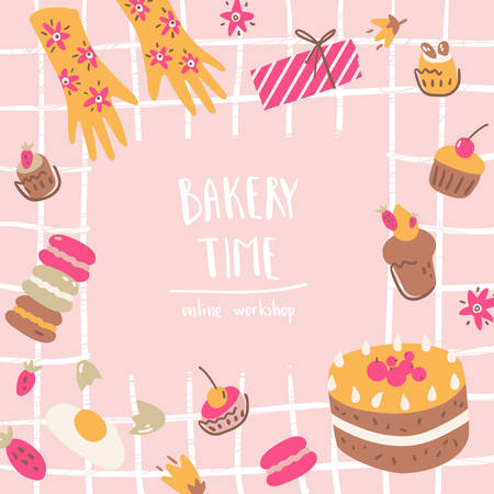 Poster with bakery kitchen elements. Cake, cupcake and berries. Pink stylish frame, good for announcementのイラスト素材