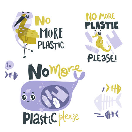 Lettering compositions with sad sea animals and plastic garbage in the ocean. No more plasticのイラスト素材