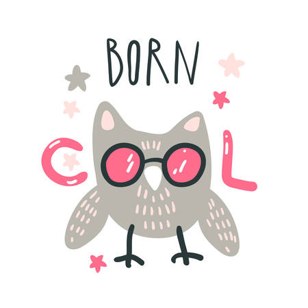 Cute baby owl with pink glasses. Hand drawn vector illustration. For kid's or baby's shirt design, fashion print design, graphic, t-shirt, kids wear. Born cool lettering.のイラスト素材