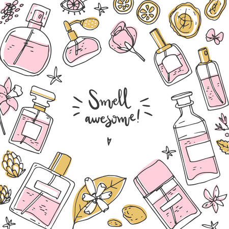 Perfume background, frame with bottle and ingredients. Doodle vector illustration.のイラスト素材