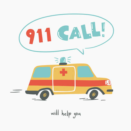 911 call. Poster with racing ambulance, cartoon style. Isolated vector illustration.のイラスト素材