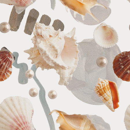 Seamless pattern with gouache textured shapes and isolated realistic photo shells, modern collage...