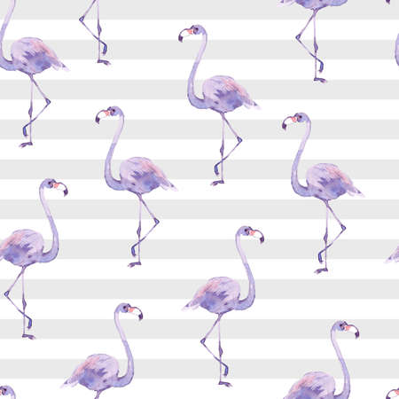 Watercolor seamless pattern with tropic birds flamingos on the striped background.の写真素材