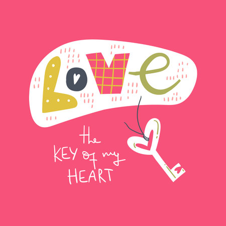 Love and key of my heart. Pink background with illustartion. Simple style.のイラスト素材