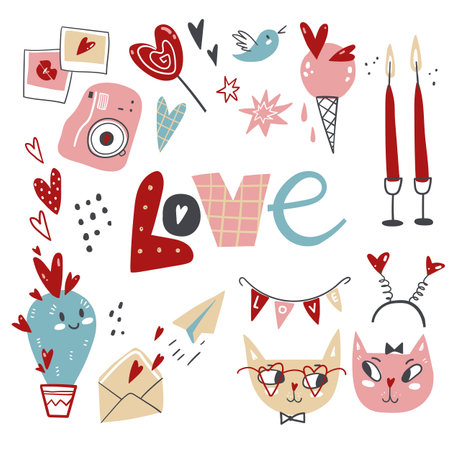 Doodle collection of Valentines Day symbols and elements. Characters, objects, gifts and decorations in cute simple styleのイラスト素材