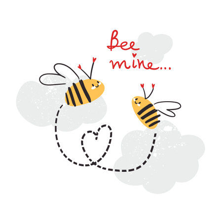Greeting card with the cute couple of little bees and hand lettering. Bee mine. Simple naive style.のイラスト素材