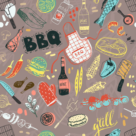 Summer barbecue seamless pattern with traditional elements, food, equipment.の写真素材