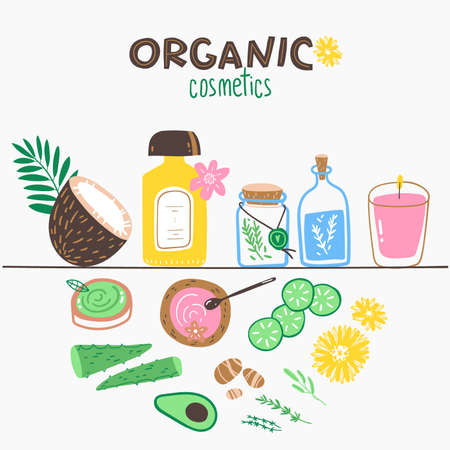 Organic cosmetics doodle illustration, elements, ingredients and decorations in the shelf.のイラスト素材