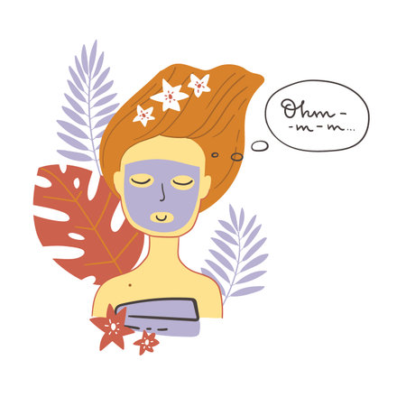 Girl meditate and relax with face mask. Self-care time. Ohm.のイラスト素材