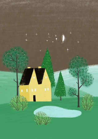 Illustration with alone house and trees in night. Minimalistic Scandinavian style.の写真素材